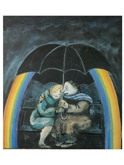 托米·昂格勒，《在低谷中，彩虹带来希望》，附带雨伞的手签彩色胶印版画
（1931年斯特拉斯堡——20