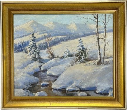保罗·巴尔廷，《溪流与雪山冬景》，创作于1955年
布面油画，左下角签名“Paul Baltin”并