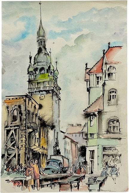 Martin Wirth, "Brno", old town street, market stal