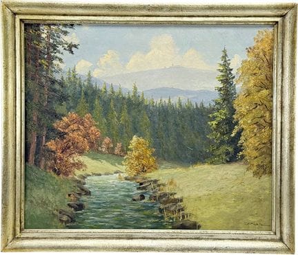 弗里茨·塔特（Fritz Thate），秋日林间山谷与溪流间远眺布罗肯山景，哈茨山画家，风景画
（1