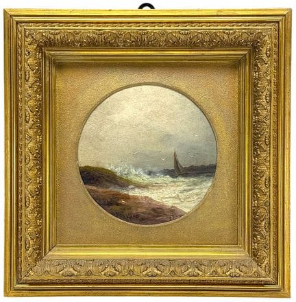 Anna Blaschke, Stormy Sea, tondo with sailing boat