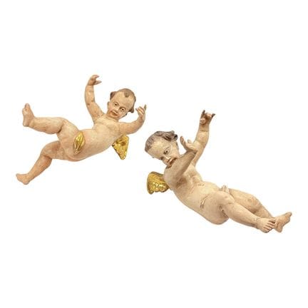 Due angeli fluttuanti, putti con ali dorate, legno