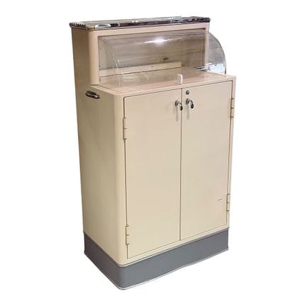Metal cabinet, dentist’s cabinet, with hinged cove