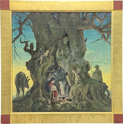 汉斯·施皮茨曼，《树下的圣家，有天使和动物》，1946年画作
油画/木板，右下角署名并标注日期“H.