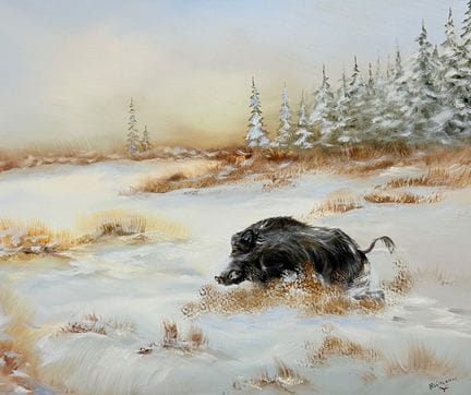 Reimann, Fleeing Wild Boar in a Snow-Covered Moorl