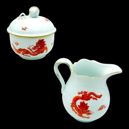 Lattiera e zuccheriera di Meissen con drago rosso 