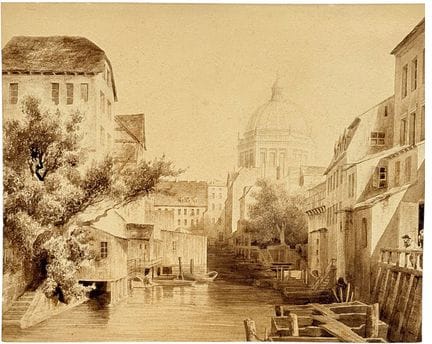 城镇运河景观，可见船只、河岸上的木棚及穹顶建筑，城市风光画
纸本棕褐色水洗画，未署名，背面用铅笔标注
