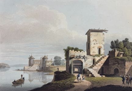 《罗西耶尔》（Rosiere），河景画，含废墟与人物，罗伯特·鲍耶（Robert Bowyer），《
