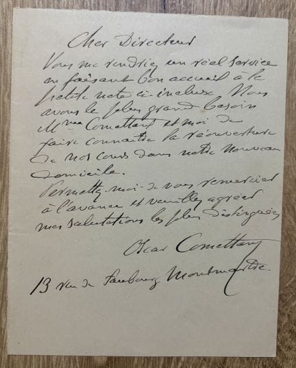 COMETTANT (Oscar). Carta autógrafa firmada relativ