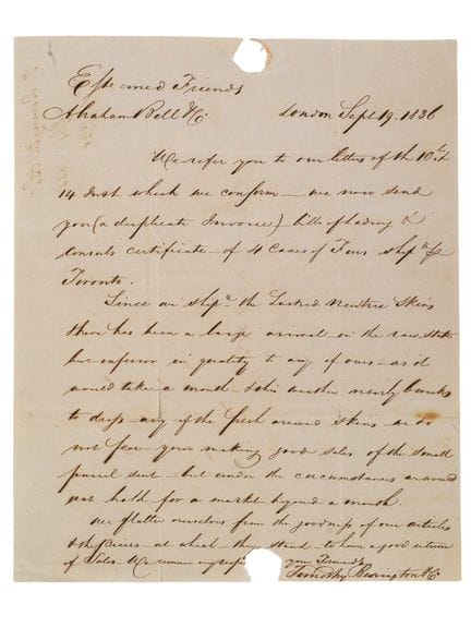 LETTERA MANOSCRITTA DEL 1836, TIMOTHY BEVINGTON CO