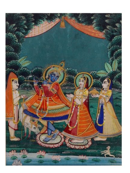 DIPINTO INDIANO RAPPRESENTANTE KRISHNA CON LE SUE 