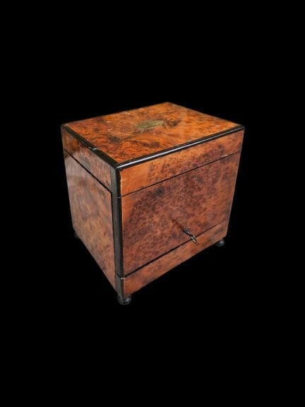 Wooden liquor cabinet with burl veneer, opening wi