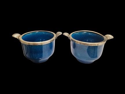Paire de bol en céramique émaillé craquelé bleu, l