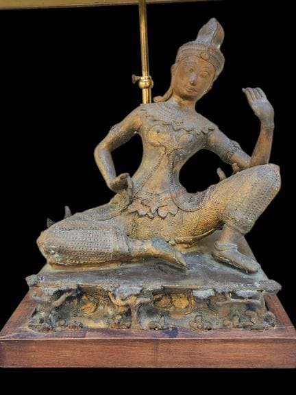 Seated Thai deity made of gilded metal, mounted as