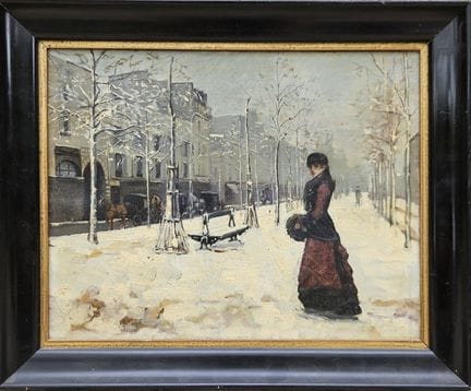 法国画派。19世纪。受奇尔德·哈萨姆风格影响
雪中漫步
布面油画
（背面有拼接）
32.5×42.5