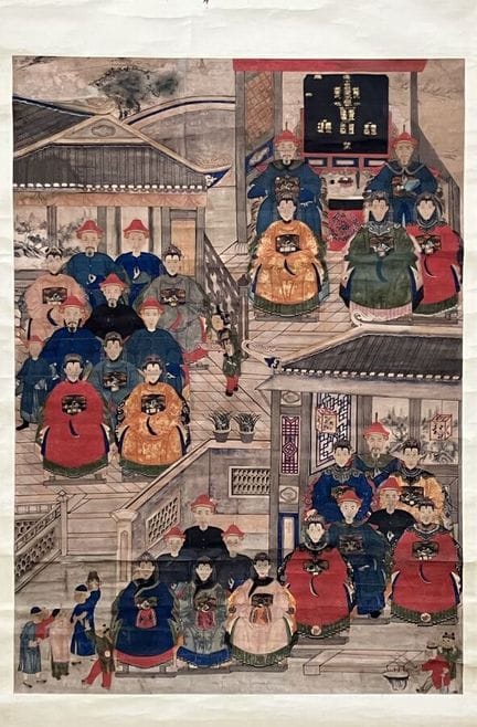 CHINE
Grande peinture d'ancêtres à l'encre et coul
