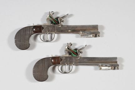 A beautiful pair of flintlock box-frame pistols wi