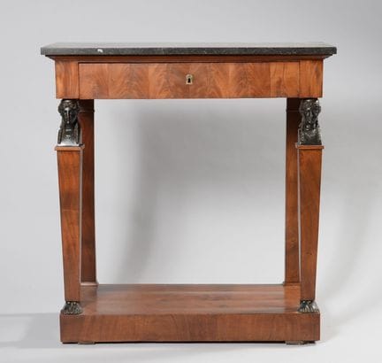 Mahogany-veneered console table with Egyptian-styl
