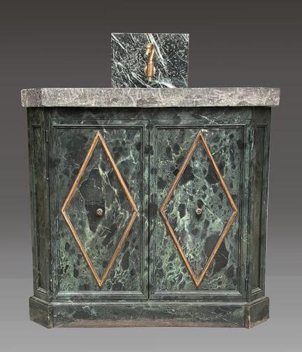 Wooden sink cabinet painted to look like marble, w