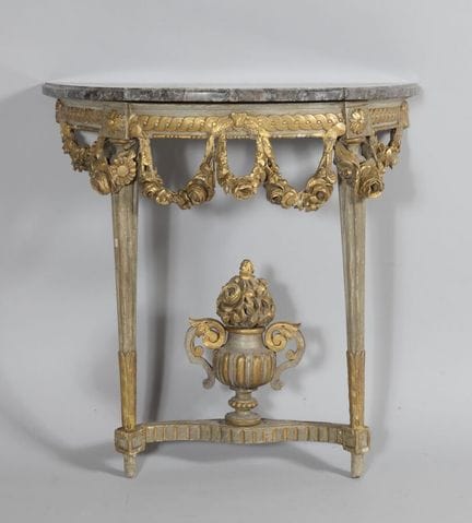 Small half-moon-shaped console table in gray and g