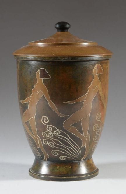 DERICEMO
Copper-plated brass lidded vase with an i