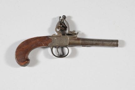 Flintlock pistol with a round, smoothbore barrel; 