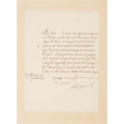 Lettera firmata dal re Giacomo II in cui elogia un