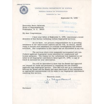 Lettera dattiloscritta e firmata da J. Edgar Hoove