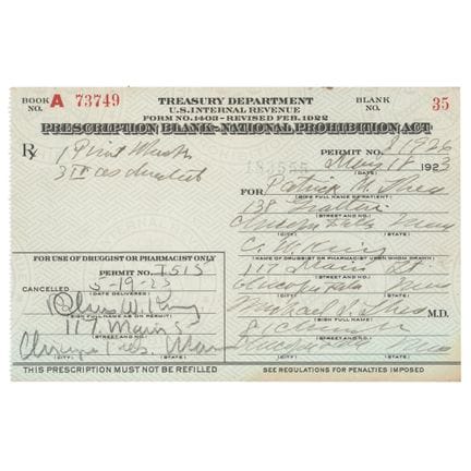 Prohibition: 1923 Liquor Prescription for Whiskey
