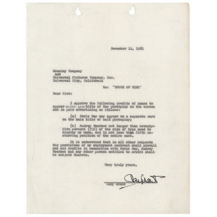 Document signé par Cary Grant en 1961 approuvant l