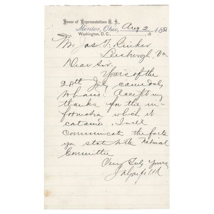 James A. Garfield Letter Signed
LS signed “J. A. G