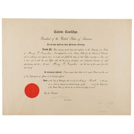 Document signé par Calvin Coolidge en sa qualité d