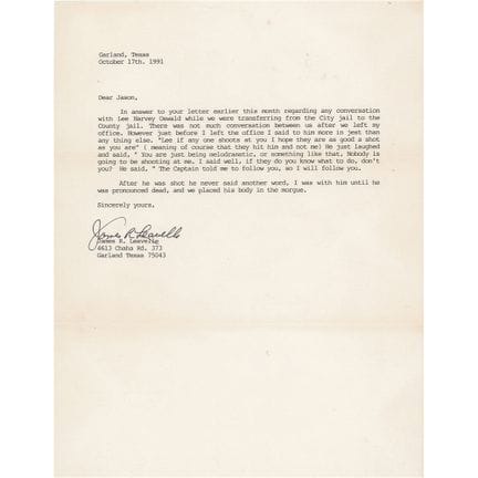 Assassinio di Kennedy: lettera dattiloscritta e fi