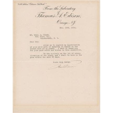 Lettera dattiloscritta e firmata da Thomas Edison,