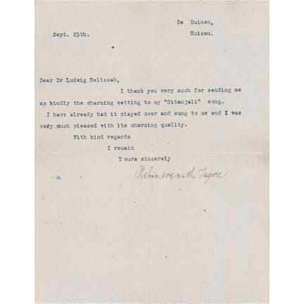 Lettre dactylographiée et signée par Rabindranath 