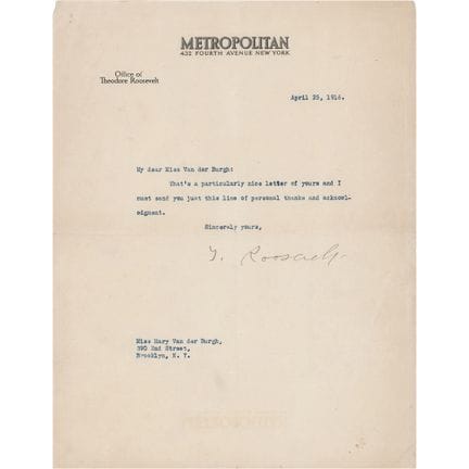 Lettre dactylographiée et signée par Theodore Roos