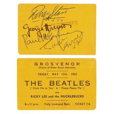 Billet de concert signé par les Beatles au Grosven
