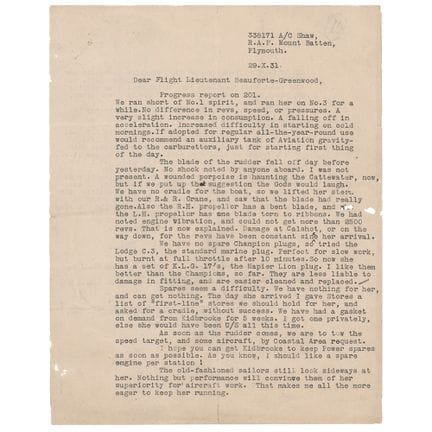 T. E. Lawrence Lettera dattiloscritta firmata su q