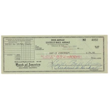 Chèque signé par Lucille Ball
Chèque personnel, 8,