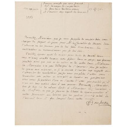 Lettera autografa firmata di Jean-Jacques Rousseau