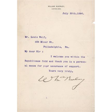 Lettre dactylographiée et signée de William McKinl
