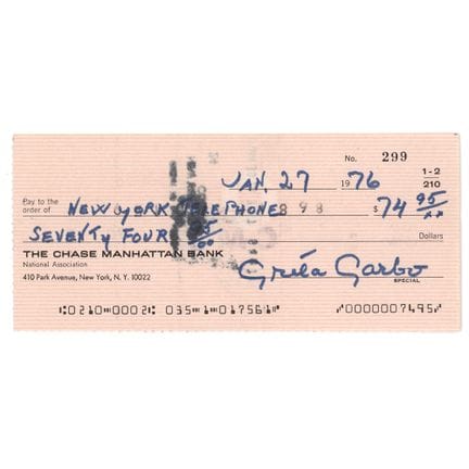Chèque signé par Greta Garbo
Chèque de la Chase Ma