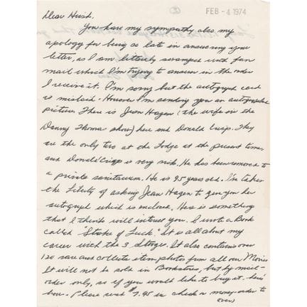 Three Stooges: Larry Fine Autograph Letter Signed
