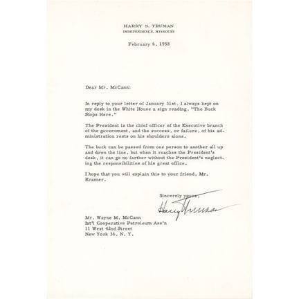 Lettre dactylographiée et signée par Harry S. Trum