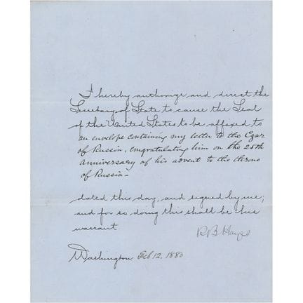Rutherford B. Hayes Document Signed as President, 