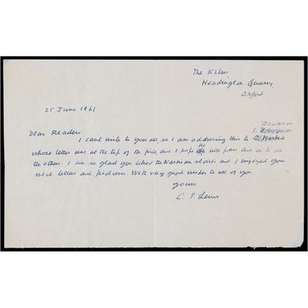 Lettera autografa firmata da C. S. Lewis sulle “st