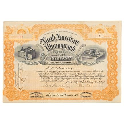Raro certificato azionario autografato di Thomas E