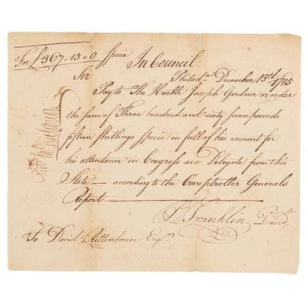 Benjamin Franklin Signed 1785 Pennsylvania Pay Ord