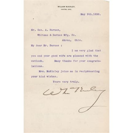 Lettre dactylographiée et signée de William McKinl