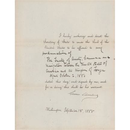 Document signé par Grover Cleveland en sa qualité 